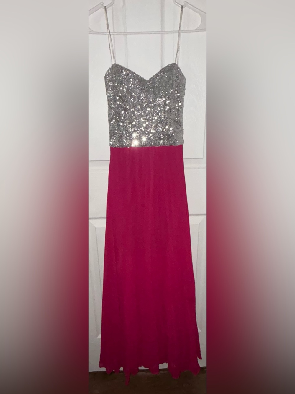 B Darlin Silver Sequin Bodice Fuchsia Pink Formal Gown